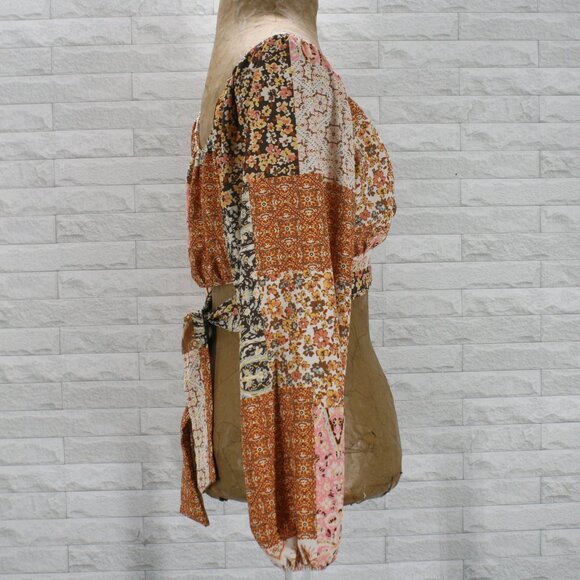ALTAR'D STATE Top Tie Back Cropped Cut Out Detail Patchwork Fall Long Sleeve LG - Picture 3 of 14